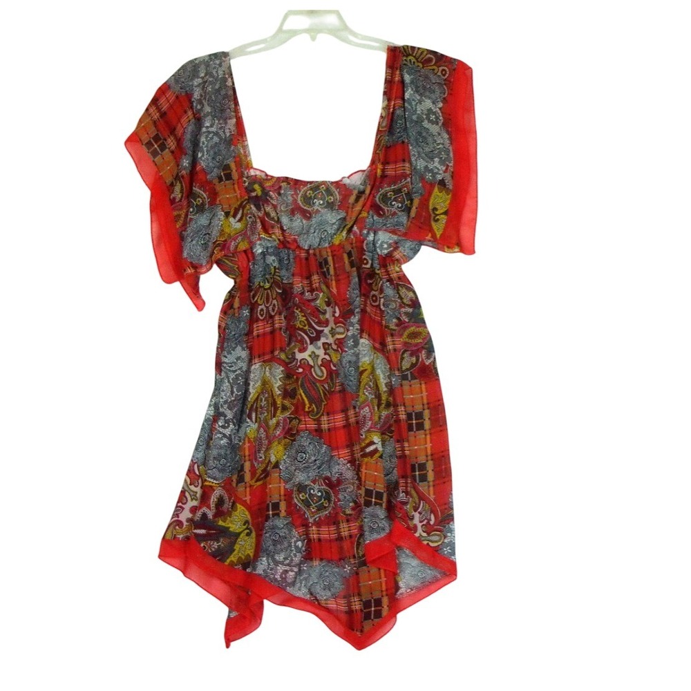Nuopai N & P Women Size XL Smocked Multicolor Tunic Shirt Handkerchief Hem